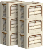 FHSQX 6 Pack Clothes Storage Bins - Foldable Storage Bins for Clothes Fabric Storage Box with Metal Frame (Beige, 16.5x12.2x12.2 inch)
