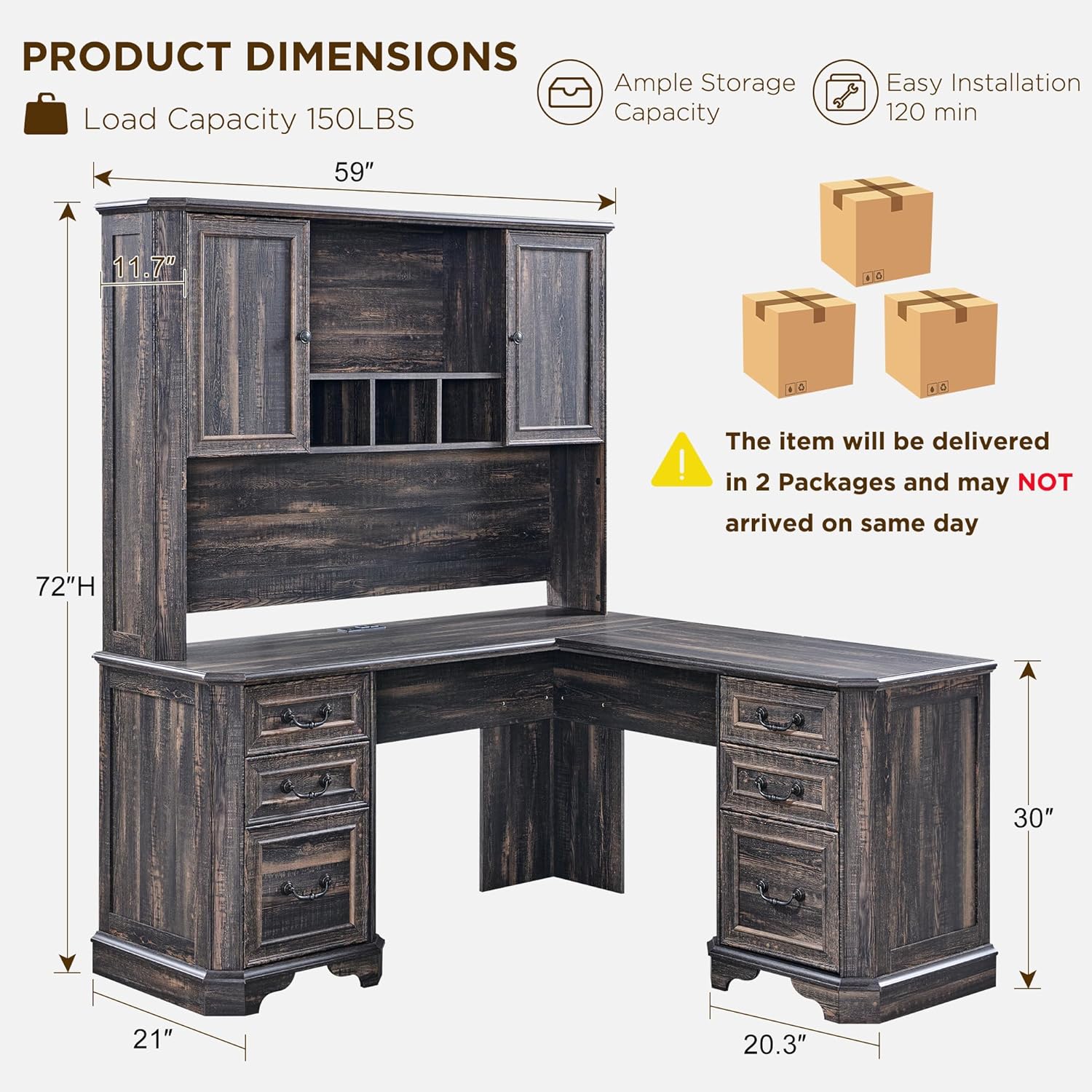 T4TREAM L Shaped Desk with Hutch,59" Farmhouse Wood Home Office Executive Desk,Charging Station,File Drawer, Storage Cabinet,Computer Desk for Work and Study (Dark Rustic Oak)