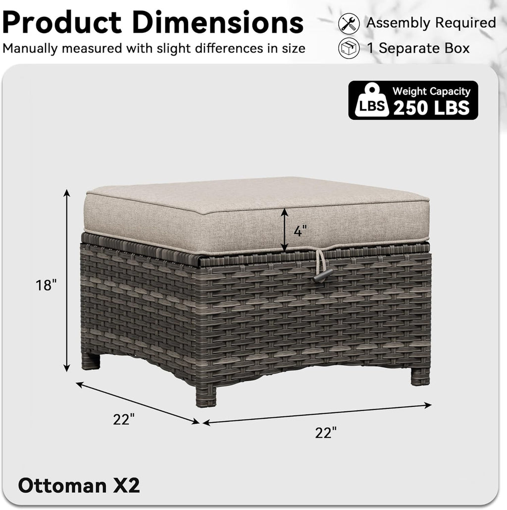 Patio Ottomans Set of 2, 22"x 22"x 18" Outdoor Wicker Footstool with Cushion, Beige, for Garden, Backyard, Deck, Porch, Balcony, Poolside
