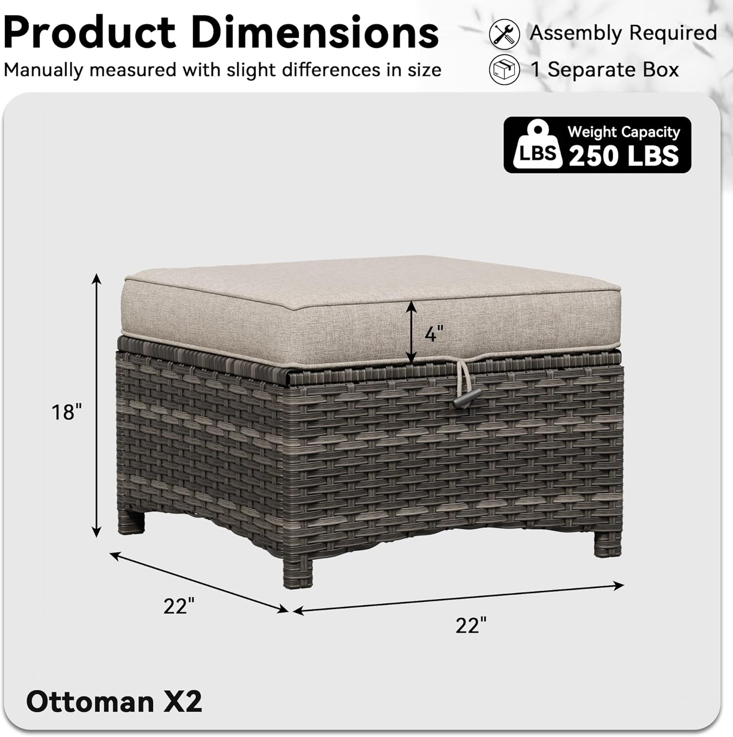 Patio Ottomans Set of 2, 22"x 22"x 18" Outdoor Wicker Footstool with Cushion, Beige, for Garden, Backyard, Deck, Porch, Balcony, Poolside