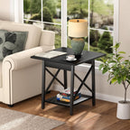 GreenForest Square End Table for Living Room, 20 Inch Large Side Table with X-Frame, Farmhouse Tall Bedside Nightstand with 2-Tier Storage Shelf, Black