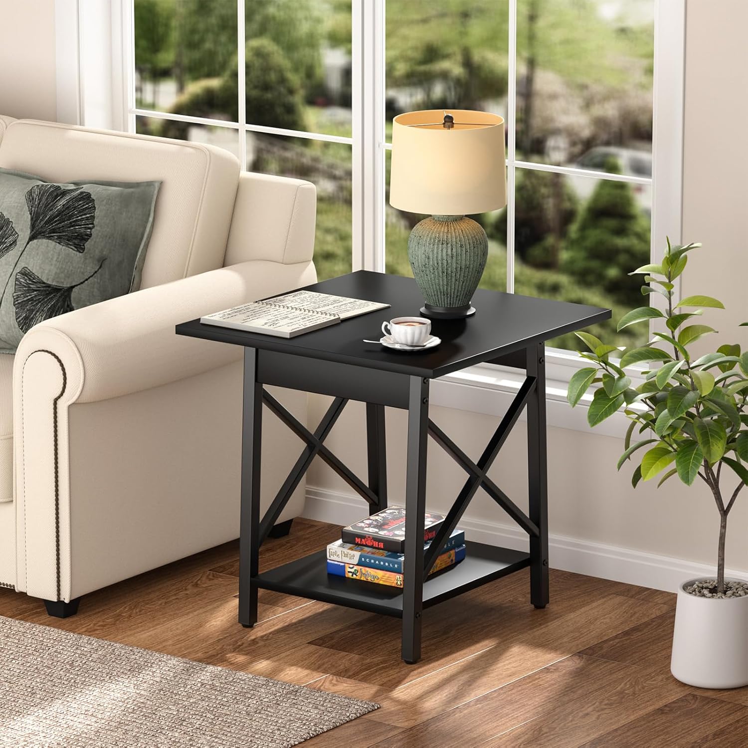 GreenForest Square End Table for Living Room, 20 Inch Large Side Table with X-Frame, Farmhouse Tall Bedside Nightstand with 2-Tier Storage Shelf, Black