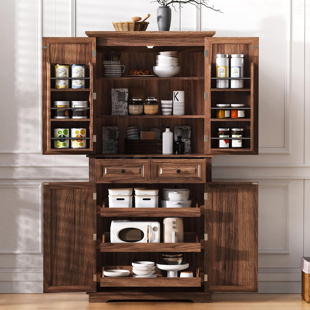 71" Tall Kitchen Pantry Cabinet, Freestanding Storage Cupboard with 3 Pull-Out Organizers, 6 Door Shelves & 2 Drawers, Embossed Texture Finish, for Kitchen Dining Room (Brown 4 doors 2 drawers +MDF)