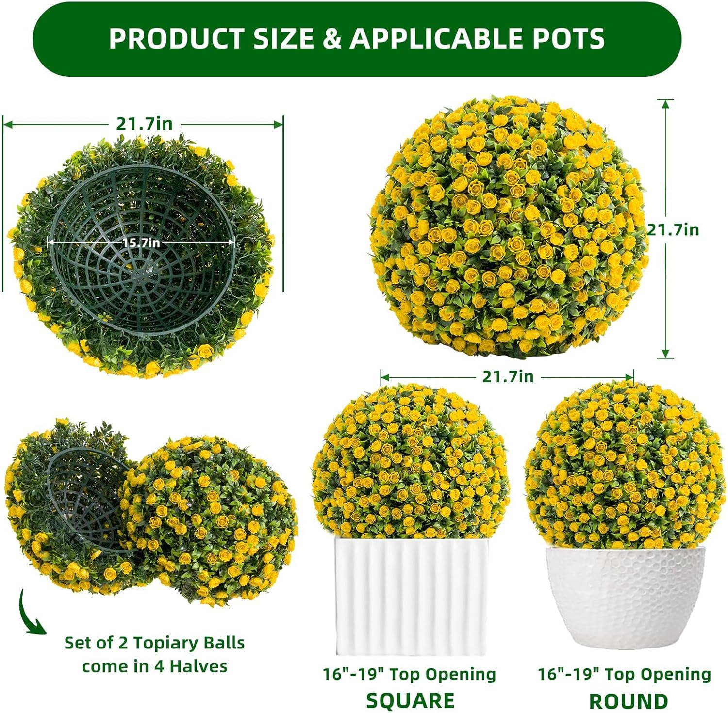 OUTLANE 17.7" Artificial Rose Topiary Balls, 2 PCS Yellow Faux Floral Spheres with Hanging Chains & Zip Ties, Large Fake Flower Balls for Outdoor Porch, Patio, Indoor Wedding Decor
