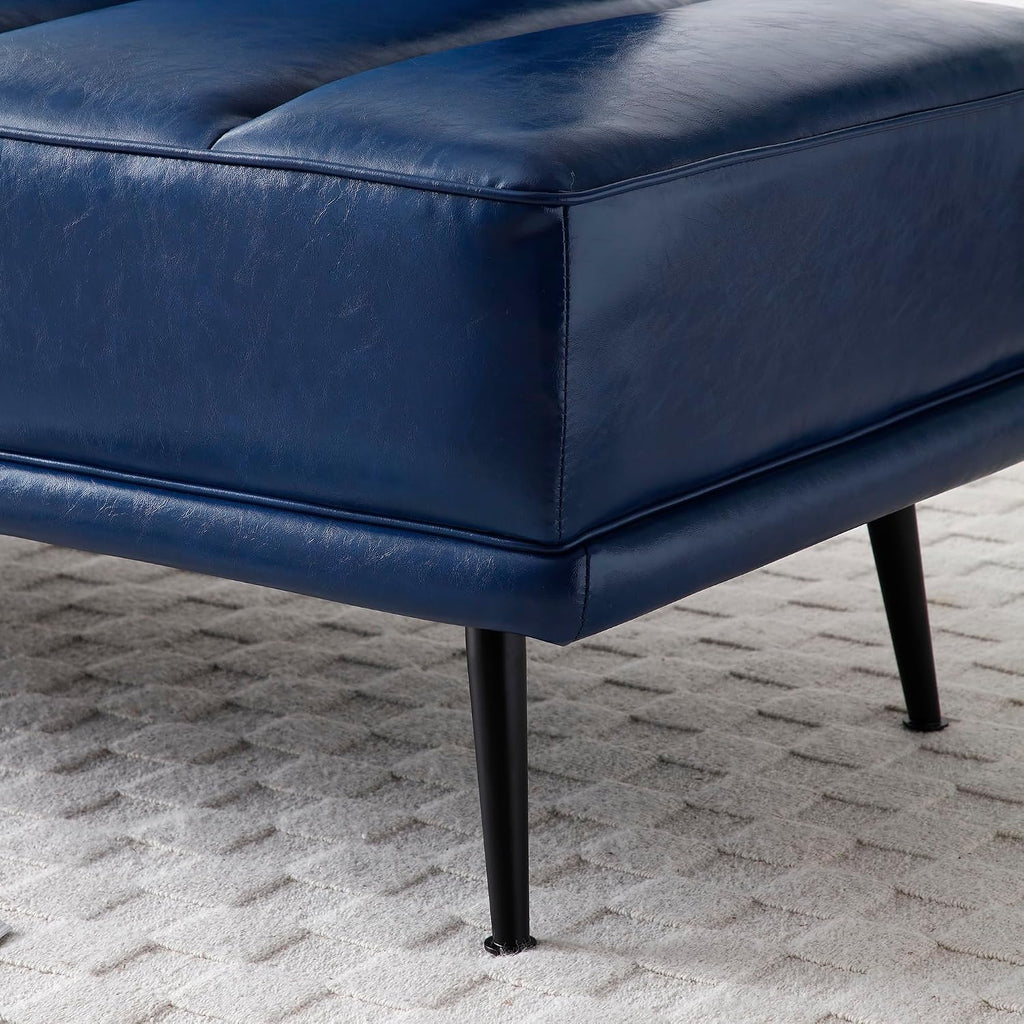 55" Modern Upholstered Bedroom Bench with Side Table - 360° Rotating Tray, PU Leather Cushion, Metal Legs for Living Room & Entryway (Blue)