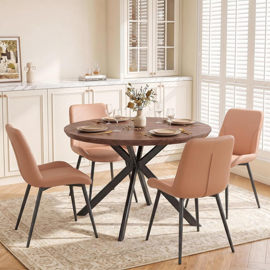 Modern Dining Chairs Set of 4, Faux Leather Modern Mid-Century Kitchen Chairs with Ergonomic Backrest & Heavy Duty X-Shape Base Metal Legs, Kitchen Chairs for Home Cafe,Brown