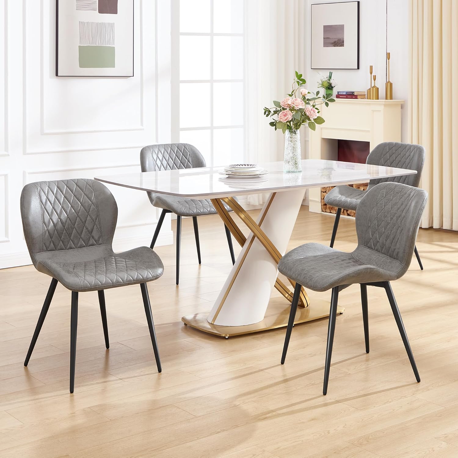 Dining Chairs Set of 4, Comfy Modern Dining Chairs with Thick Cushions, Upholstered Fabric Kitchen Side Chairs with Adjustable Metal Legs for Dining Room (Light Grey)