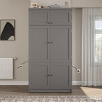 Merax Kitchen Pantry Storage Cabinet, Freestanding Buffet Cabinet with Microwave Stand & 2 Power Outlets,Kitchen Hutch with Door Shelves, Adjustable Shelves,Drawers and Wine Rack, Grey