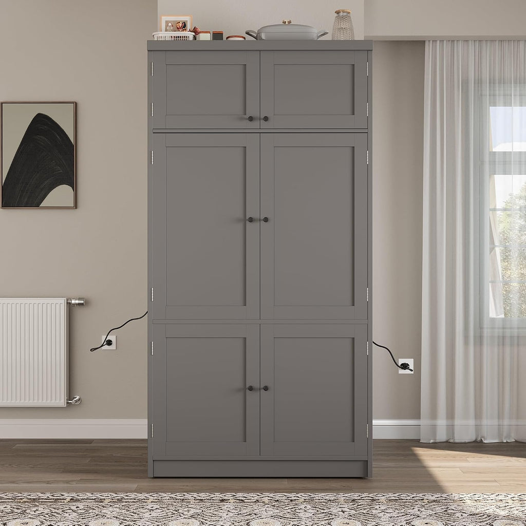 Polibi 80.1" Tall Freestanding Kitchen Pantry Cabinet, Large 41.3" Wide Shaker Style Storage Cupboard with 2 Power Outlets, Adjustable Shelves, 3 Drawers, Wine Rack & Countertop, Grey