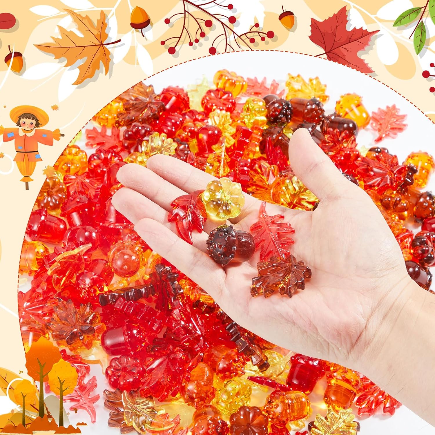 Deekin 240 Pcs Fall Vase Filler, Fall Leaves Pumpkin Marbles Gems Sensory Bin Table Scatter Vase Filler for Autumn DIY Crafts Thanksgiving Home Decorations