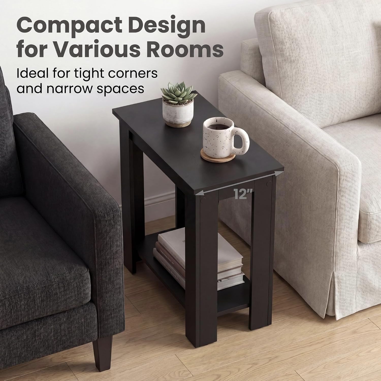Tangkula 2-Tier Wooden Narrow End Table, Open Storage Side Nightstand, Retro Space Saving Sofa Accent Table for Living Room Bedroom, Easy Assembly (Black,2)