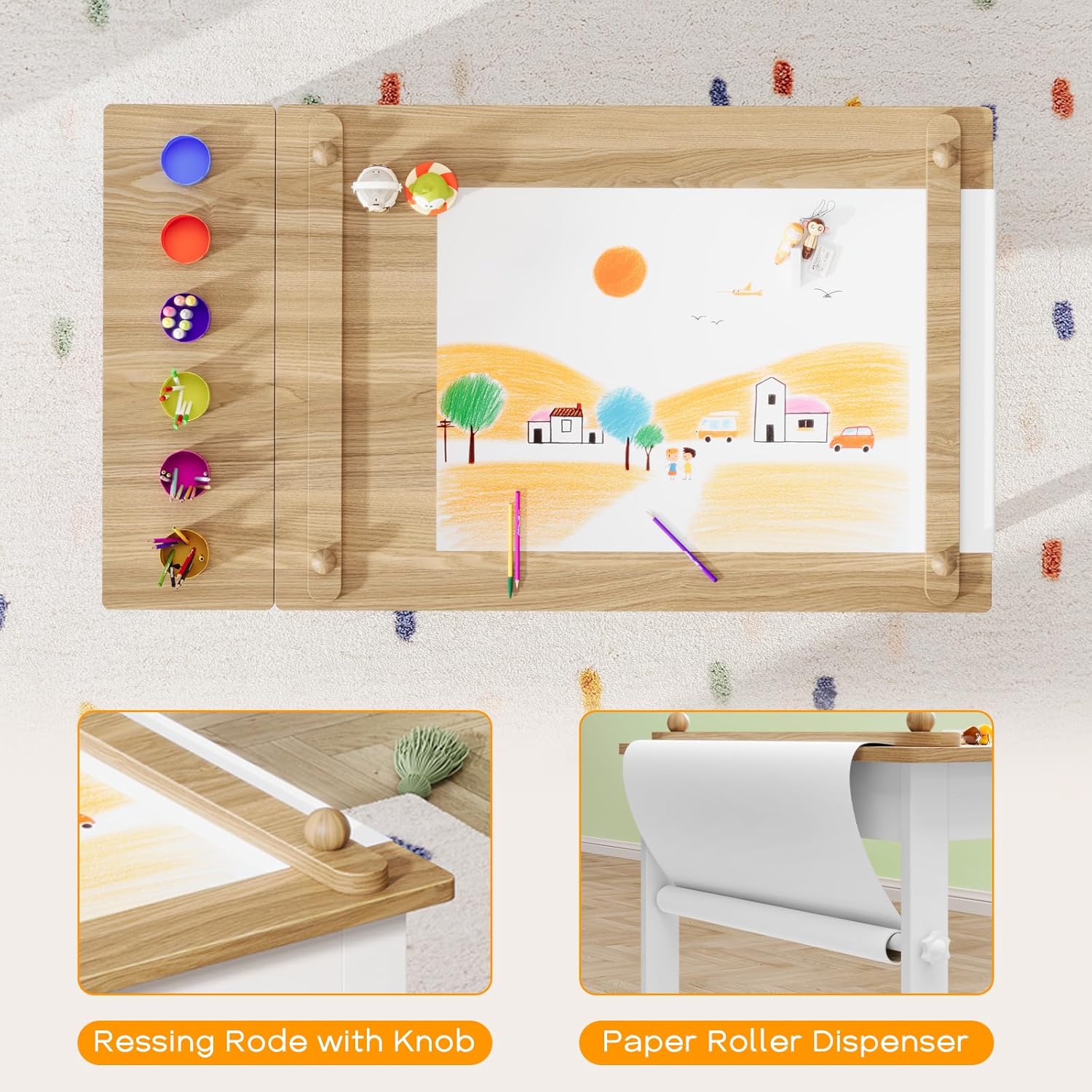 Befrases Kids Art Table and Chairs, Toddler Craft Table and 2 Chairs Set with Roll Paper, Large Activity Desk with 6 Colorful Paint Cups & Storage for Drawing, Learning and Reading