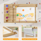 Befrases Kids Art Table and Chairs, Toddler Craft Table and 2 Chairs Set with Roll Paper, Large Activity Desk with 6 Colorful Paint Cups & Storage for Drawing, Learning and Reading