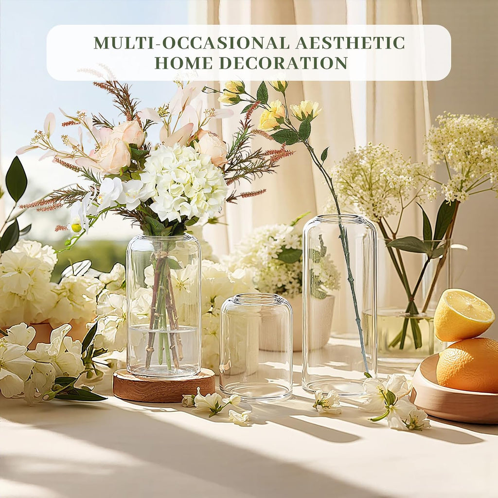 24 Clear Glass Vases | 3 Hights(6.5“ H+5“ H+3.9“ H), Curved-Rim Cylinder Vases for Rustic Farmhouse Centerpieces Wedding Table Decor Bud Vases in Bulk