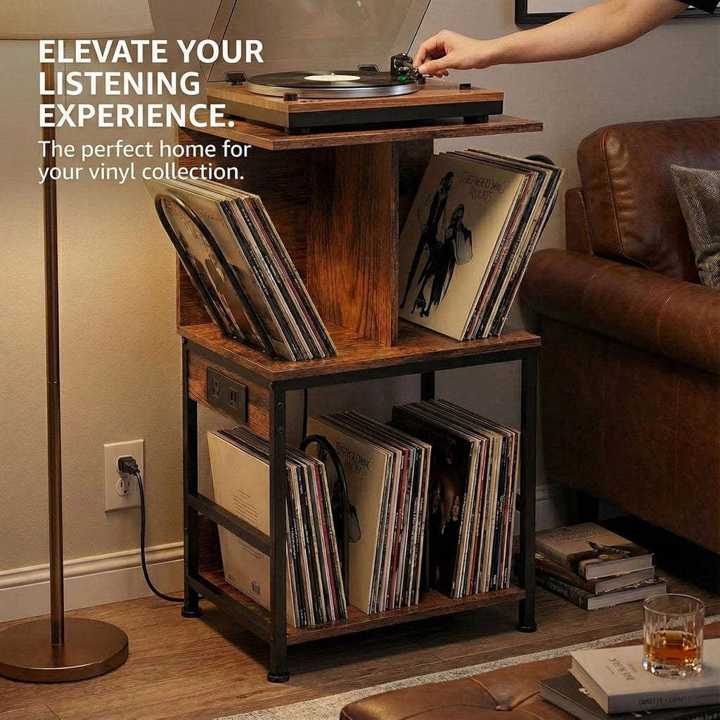 Record Player Stand with Vinyl Storage, Large Record Table Holds 180 Albums, Vinyl Record Storage Stand with USB Charger, Multi-Functional Side Table & Shelf for Living Room Bedroom
