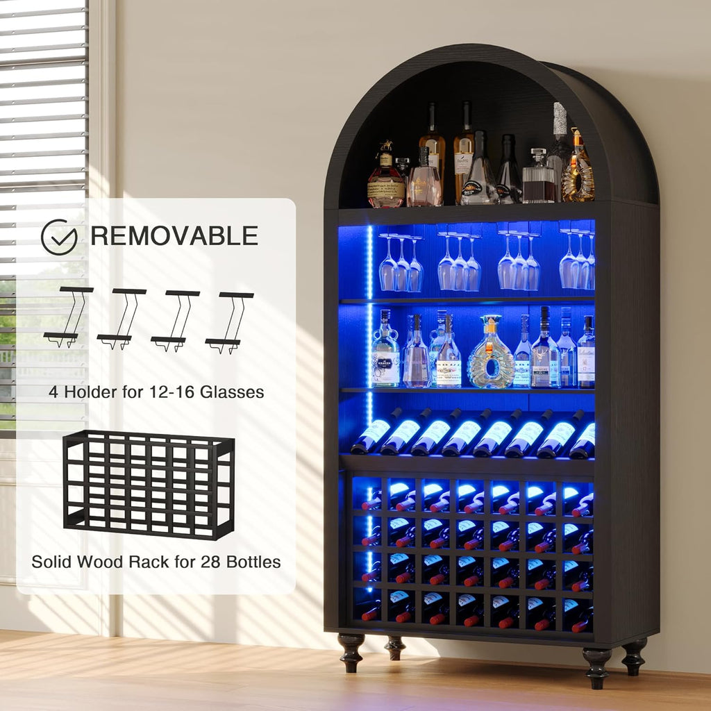 71" Tall Arched Wine Bar Cabinet with Wine Racks & Glass Holder, Wide Liquor Cabinets with LED Lights & Charing Ports, Kitchen Pantry Cupboard, Coffee Bar Storage Cabinet for Home, Dining Room (Black)