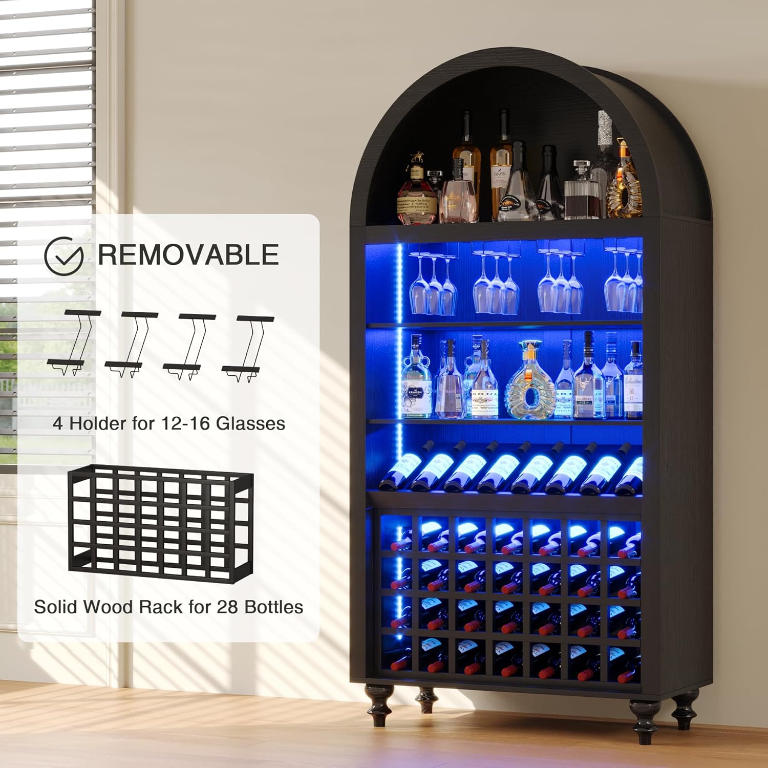71" Tall Arched Wine Bar Cabinet with Wine Racks & Glass Holder, Wide Liquor Cabinets with LED Lights & Charing Ports, Kitchen Pantry Cupboard, Coffee Bar Storage Cabinet for Home, Dining Room (Black)