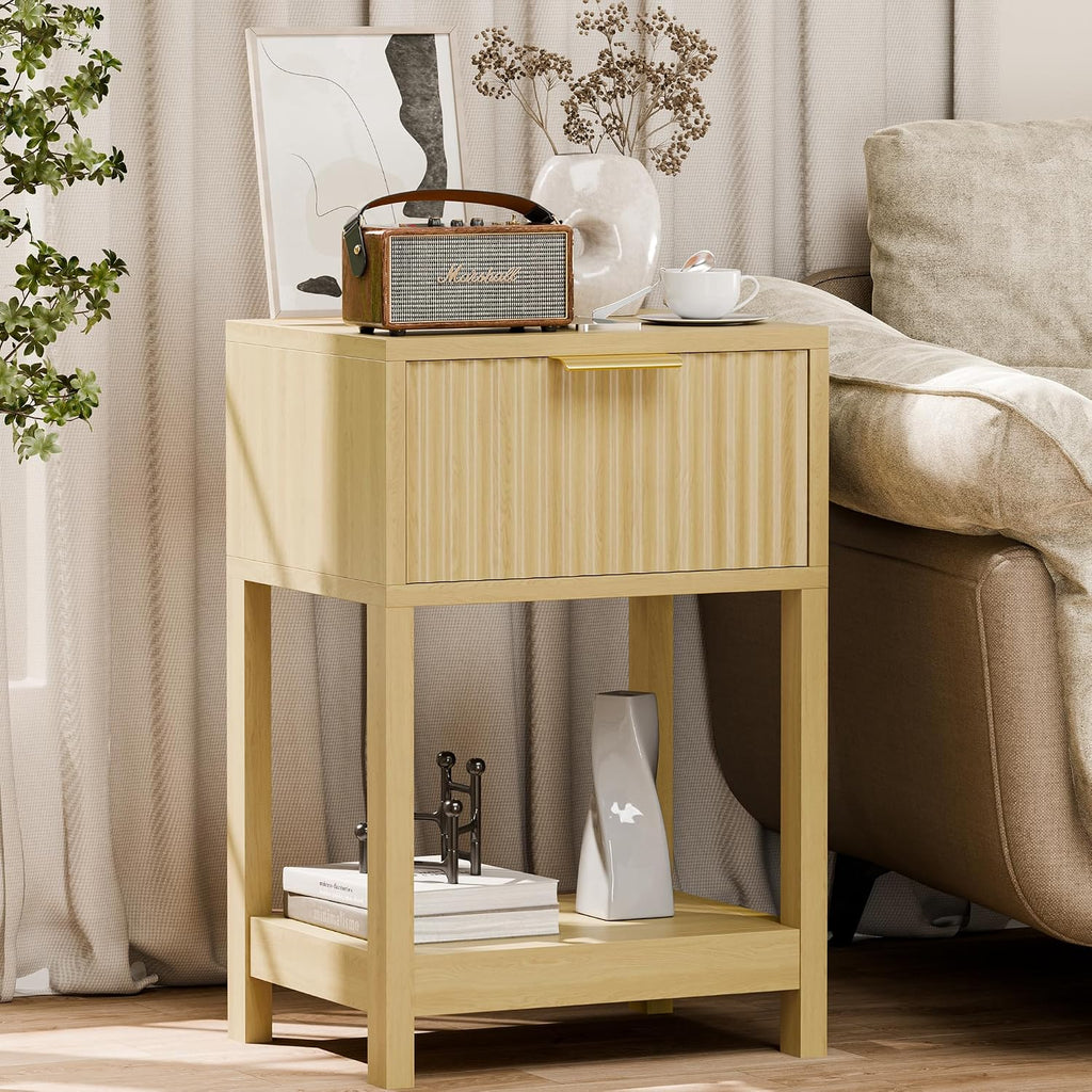 Modern Nightstand, Boho Bedside Table with Drawer and Opening Storage, Mid Century Wood End Table for Living Room Fluted Night Stand with Solid Wood Legs for Bedroom, Oak, 1pc