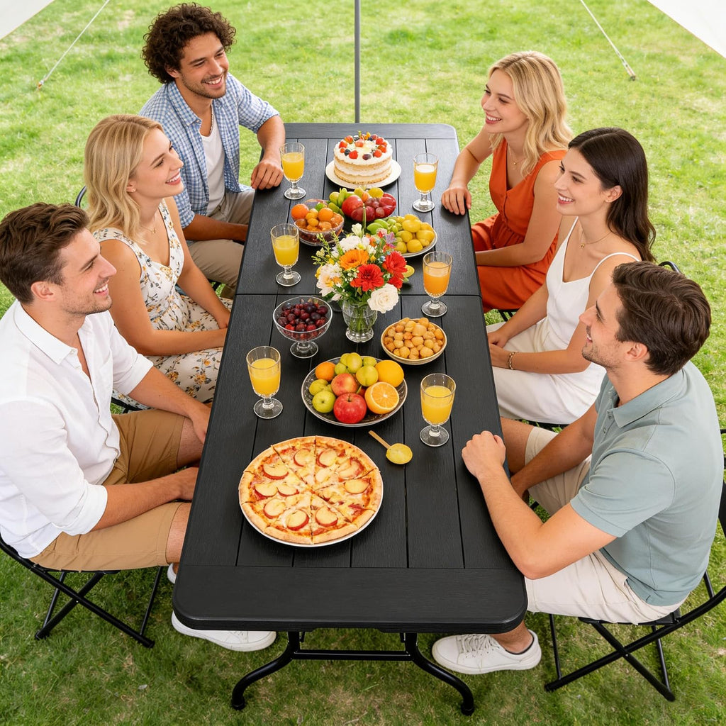Folding Event Table, Heavy Duty Picnic Table Indoor Outdoor Camping, 8FT Portable w Handle Lock for Banquet, Black
