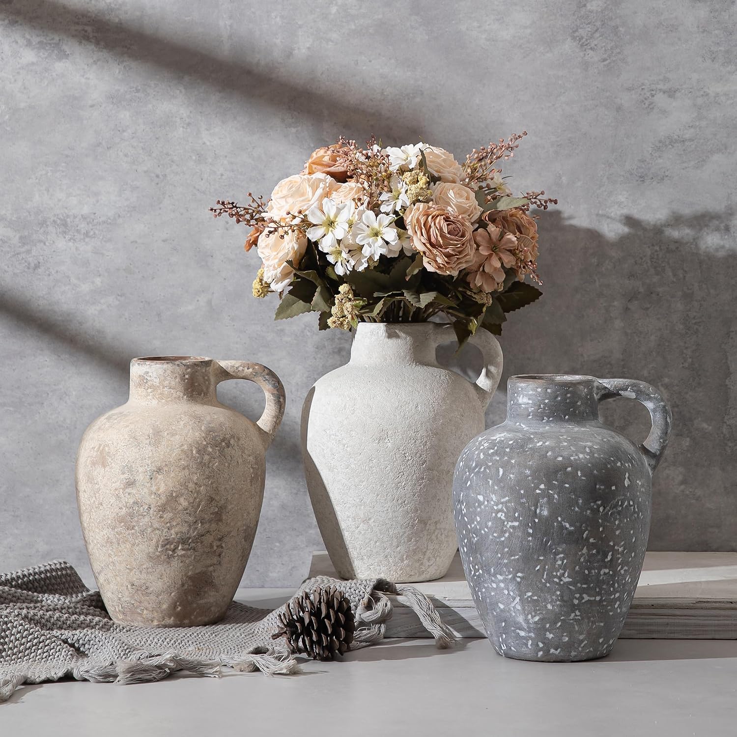 Ceramic Rustic Farmhouse Vase,8.85 Inch White Ceramic Decorative Flower for Home Decor Table Living Room Kitchen Bedroom Shelf Mantel Wedding Centerpiece Holiday & Wedding