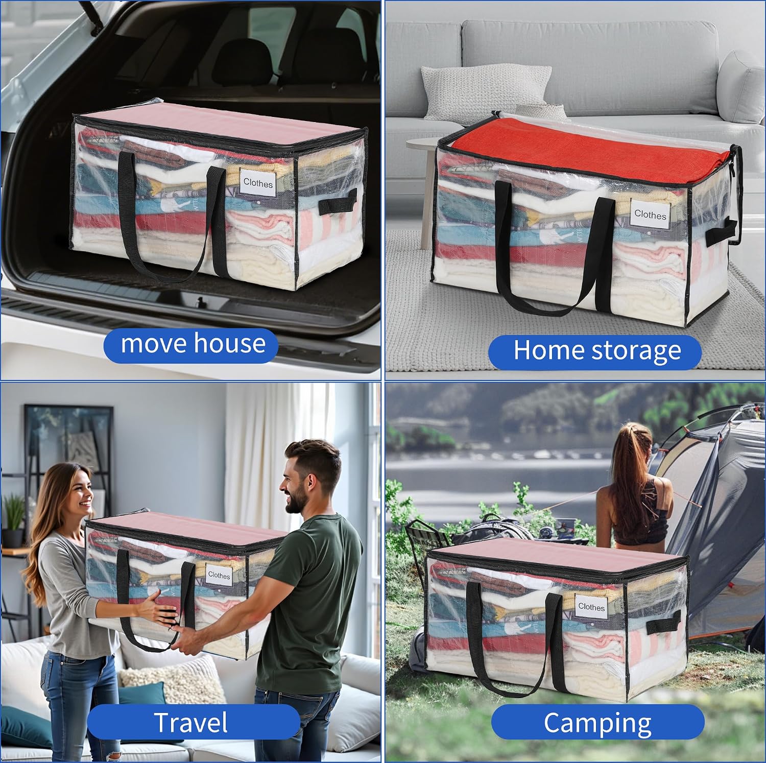 BAGAIL Heavy Duty Moving Bags with Strong Handle, Extra Large Moving Boxes, Storage Tote for Clothes, College Moving Supplies(Clear, 6 Pack)