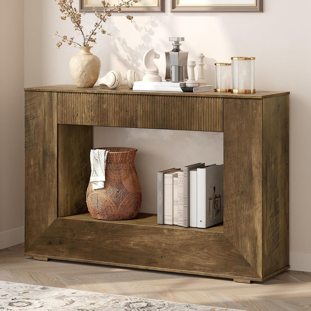 RALGEND Farmhouse Console Table 2 Handle-Less Drawers, 47 Inches Wooden Entryway Table with Storage, Industrial Fluted Sofa Table, Accent Table for Living Room, Entrance, Foyer, Hallway, Dark Brown