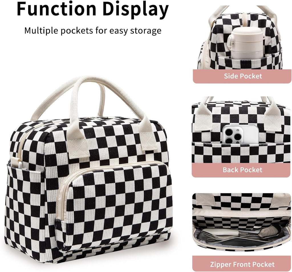 Lunch Bag Women Lunch Box for Women Adult Cute Insulated Lunch Bag Lager Cooler Lunch Tote Bags for Work Picnic (Black-White Plaid)