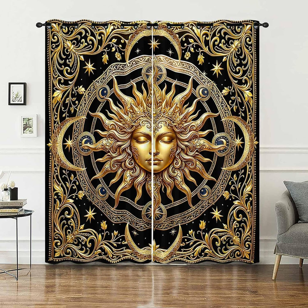 AILONEN Black Gold Sun Curtains W38 x L54 Inch Vintage Celestial Tarot Drapes Light Filtering Microfiber Window Treatments for Bedroom Living Room Mystical Boho Mandala 2 Pieces Coverings