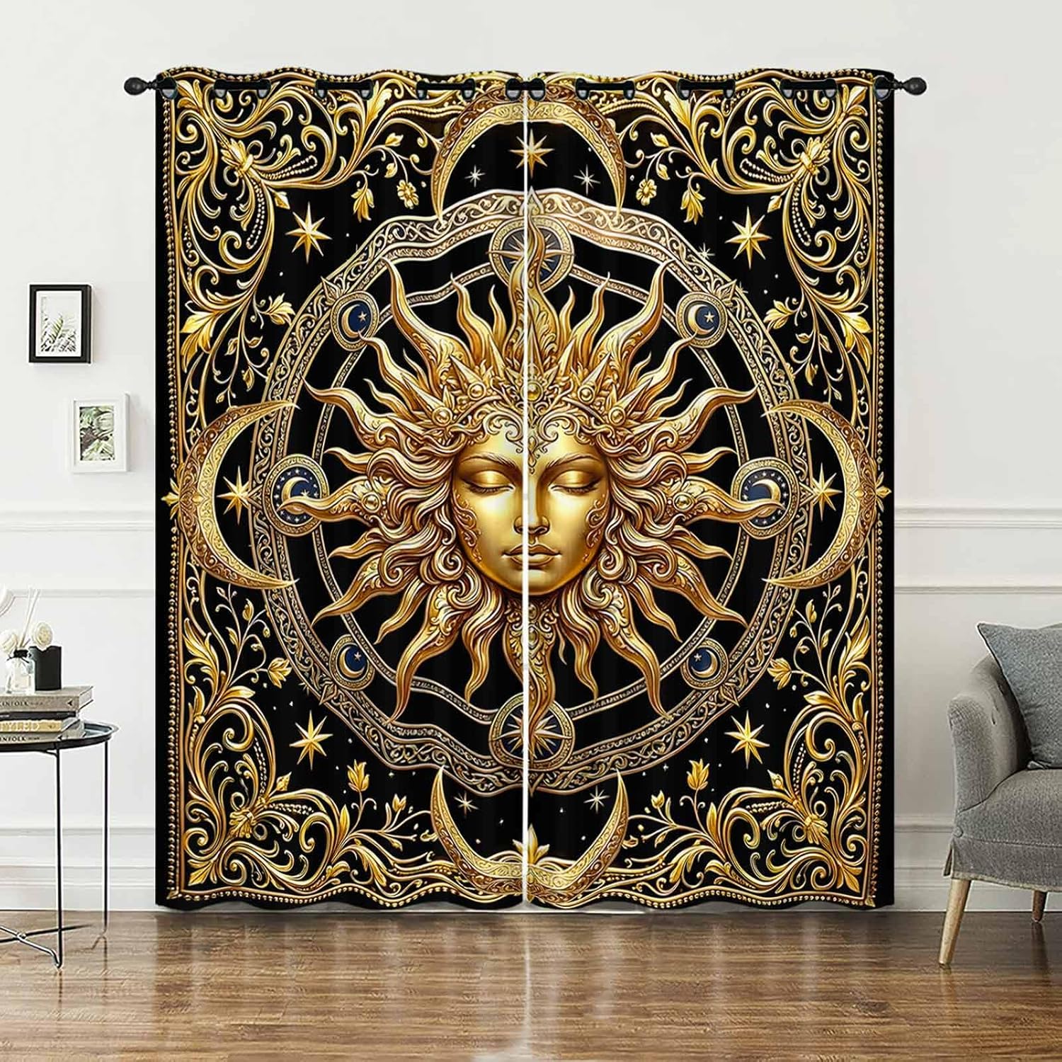 AILONEN Black Gold Sun Curtains W38 x L54 Inch Vintage Celestial Tarot Drapes Light Filtering Microfiber Window Treatments for Bedroom Living Room Mystical Boho Mandala 2 Pieces Coverings