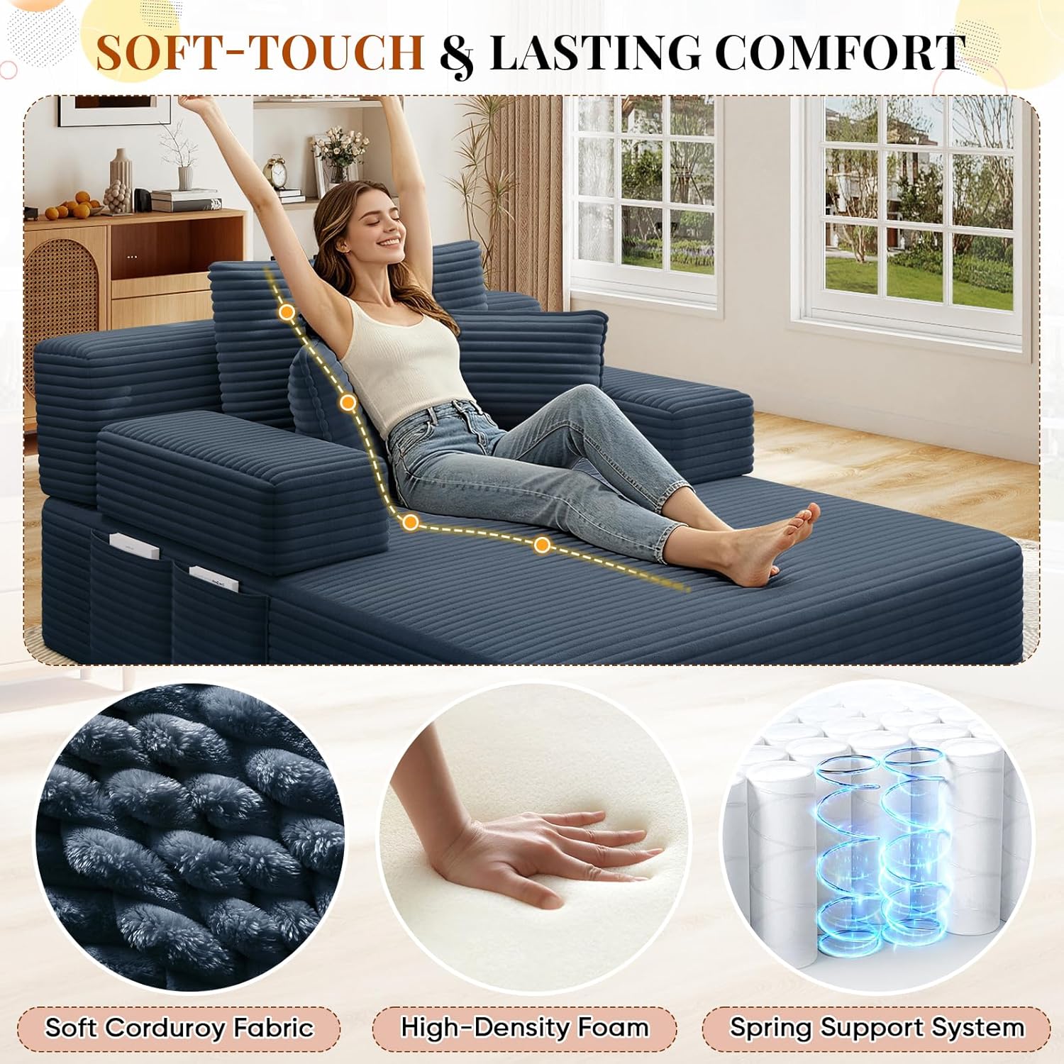 Boneless Chaise Lounge Chair Indoor, 60" Oversized Sleeper Couches W/Foldable Armrest Cloud Corduroy Upholstered Reading Chairs Floor Sofa Bed for Living Room No Assembly, Blue