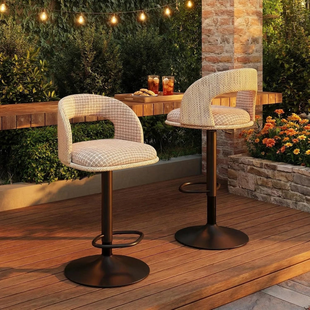 Furnimart Outdoor Bar Stools Set of 2 with Covers Waterproof, Adjustable Patio Stools with Hollow Back, Counter Height Swivel Chairs for Garden, Yard, All-Weather Textilene Fabric, Linen Plaid