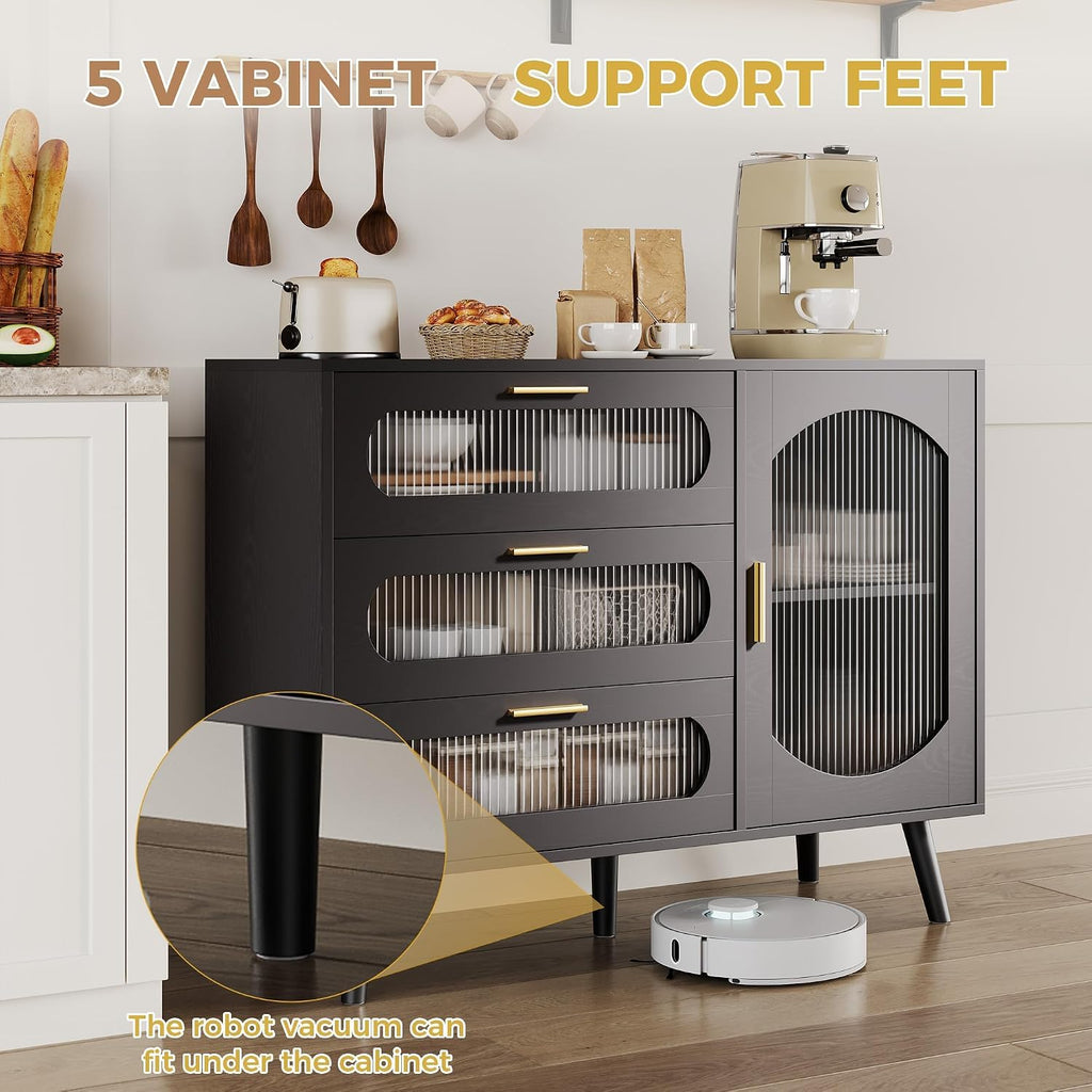GarveeHome 39.4'' Modern Buffet Cabinet with Storage, Black Sideboard with Fluted Glass Door, 3 Drawers and Adjustable Shelf, Console Table for Kitchen, Dining Room, Living Room