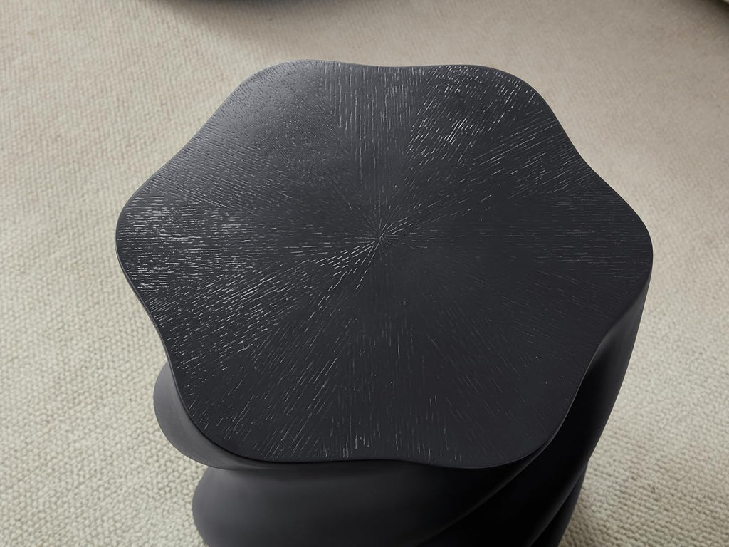 Modern Sculptural Fiberglass End Table, Organic Twisted Accent Stand, Contemporary Side Desk for Living Room Bedroom Entryway Balcony Patio, Fully Assembled Artistic Pedestal Furniture (Black)