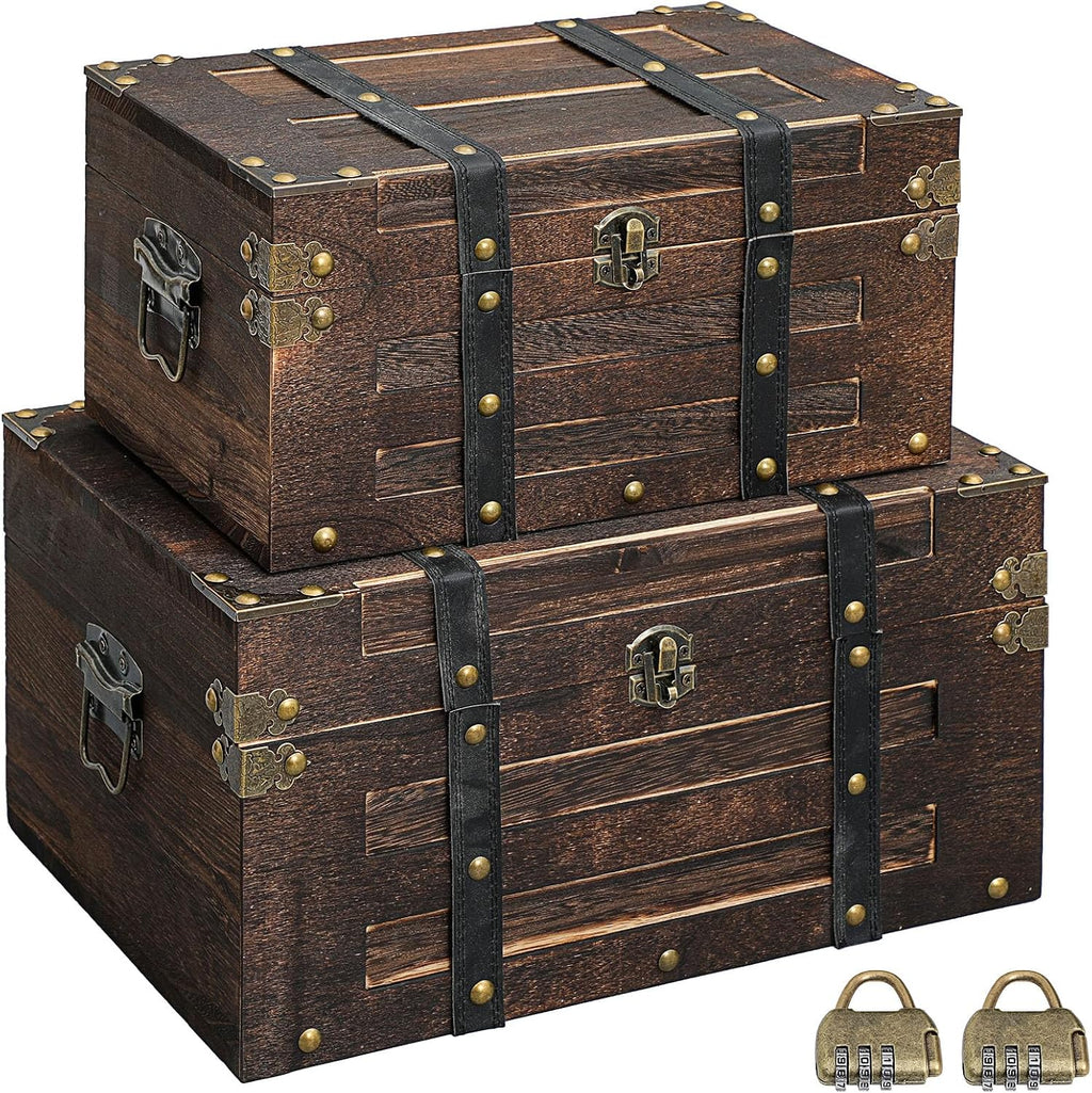 Domensi Set of 2 Vintage Wooden Treasure Chest Box with Locks Large and Small Decorative Keepsake Box Retro Rustic Pirate Storage Treasure Chest for Jewelry Gifts Home Decor (Large,Square)