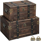 Domensi Set of 2 Vintage Wooden Treasure Chest Box with Locks Large and Small Decorative Keepsake Box Retro Rustic Pirate Storage Treasure Chest for Jewelry Gifts Home Decor (Large,Square)