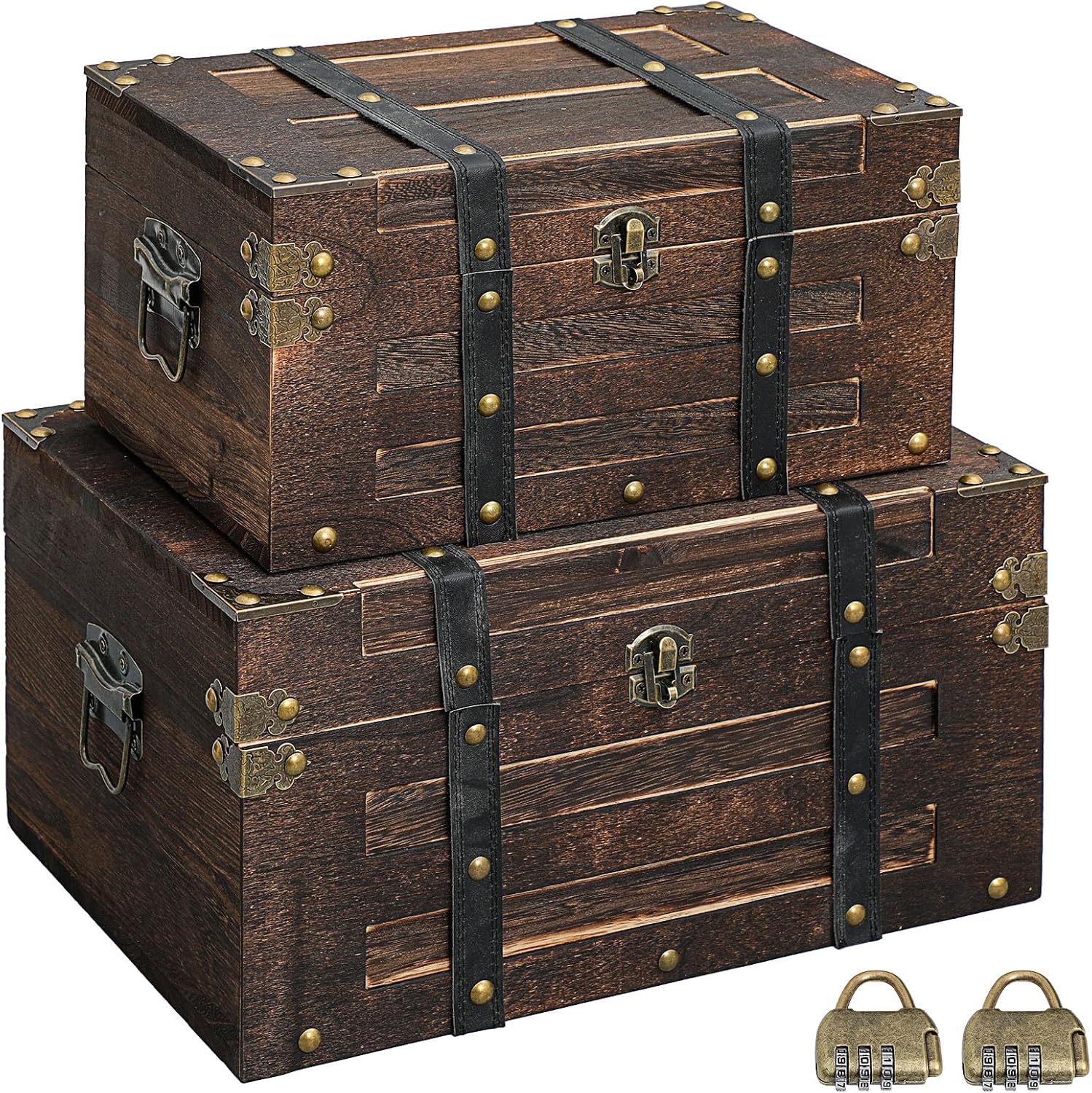 Domensi Set of 2 Vintage Wooden Treasure Chest Box with Locks Large and Small Decorative Keepsake Box Retro Rustic Pirate Storage Treasure Chest for Jewelry Gifts Home Decor (Large,Square)