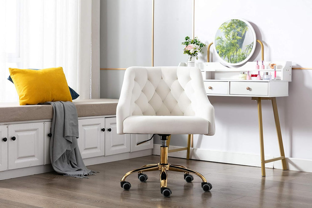 Comfy Home Office Task Chair with Wheels, Cute Modern Upholstered Velvet Seashell Back Adjustable Swivel Vanity Desk Chair, for Women, for Kids, for Girls, Living Room, Bedroom, (White)