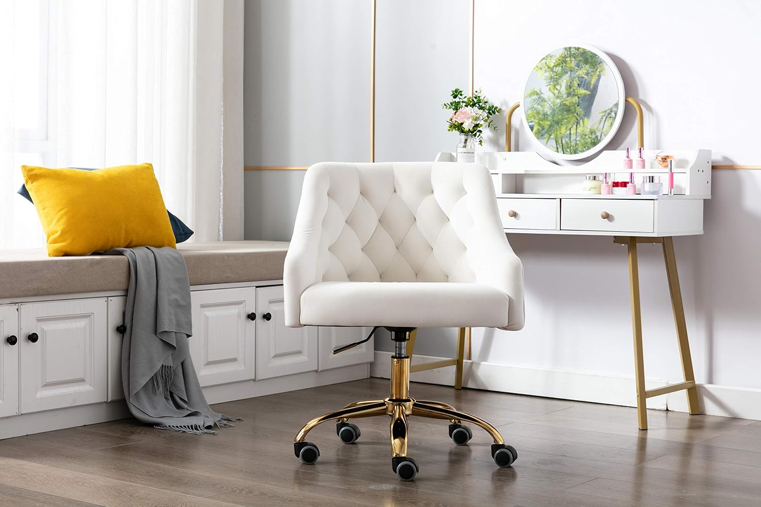 Comfy Home Office Task Chair with Wheels, Cute Modern Upholstered Velvet Seashell Back Adjustable Swivel Vanity Desk Chair, for Women, for Kids, for Girls, Living Room, Bedroom, (White)