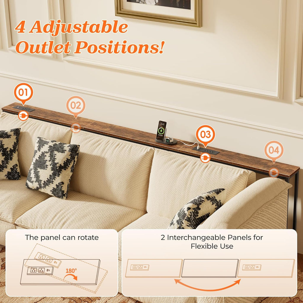SUPERJARE 94.5 Inch Sofa Table with 2 Power Outlets and USB-C Ports, 5.9 Inch Narrow Console Table with Storage, Long Entryway Hallway Couch Table Behind Sofa, Small Spaces, Living Room, Rustic Brown