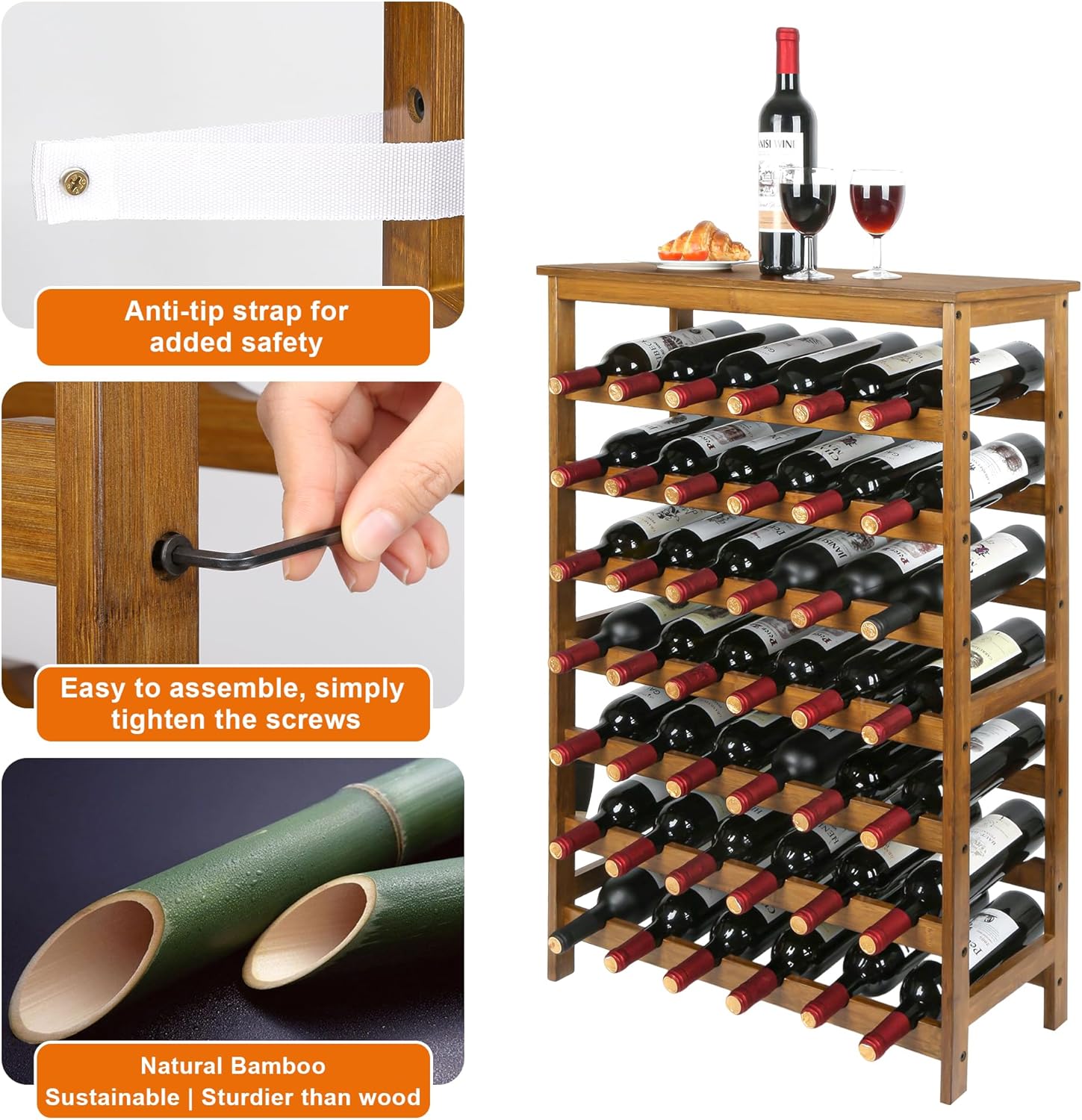 VASMIA 42 Bottles Bamboo Wine Rack,7-Tier Wine Rack Freestanding Floor with Table Top, Wine Storage Shelf for Kitchen Dining Room Bar,Walnut