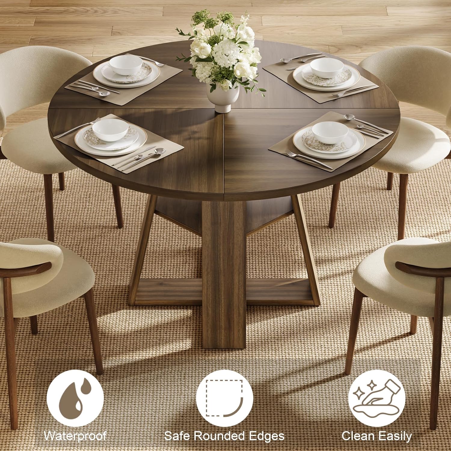 47.2" Round Dining Table for 4-6, Circle Kitchen Table with Open Storage Shelf, Farmhouse Dinner Table with Cross Pedestal Base for Dining Room, Kitchen, Living Room, Walnut