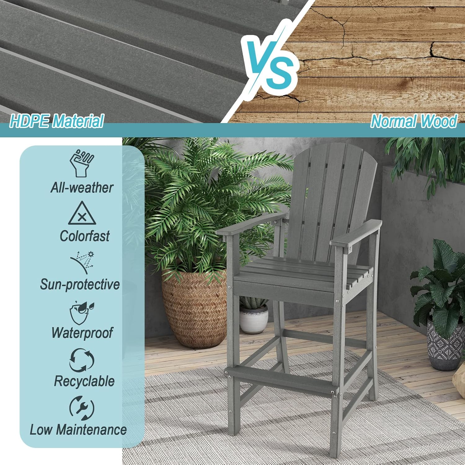 Giantex Outdoor HDPE Bar Stool, Tall Adirondack Chair with Armrests and Footrest, 30 Inches Counter Height Bar Stool for Garden, Backyard, Weather Resistance, Easy Maintenance (1, Gray)
