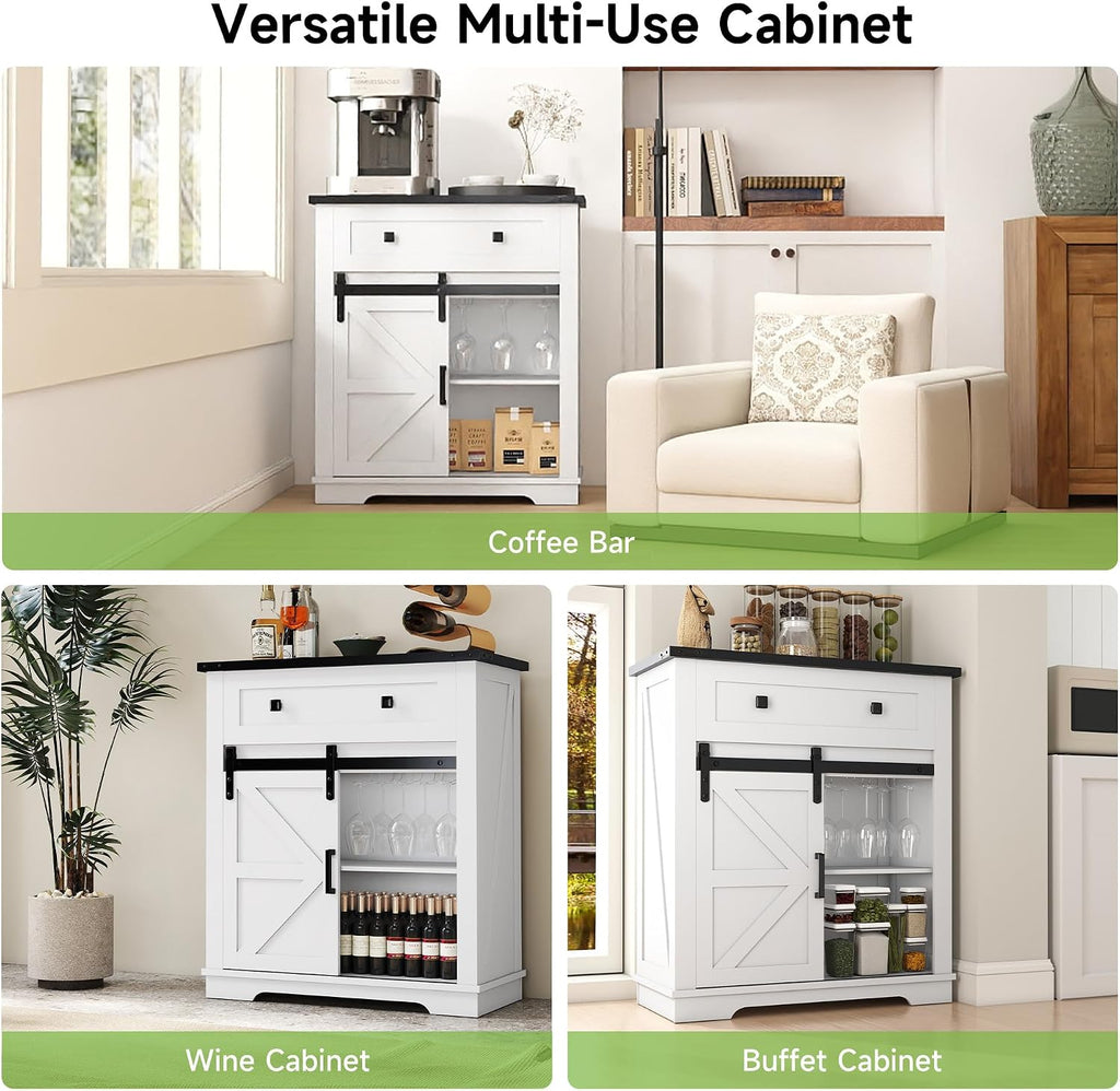 Real Relax Coffee Bar Cabinet, Farmhouse Sideboard Buffet Cabinets with Storage, Wine Glass Rack, Sliding Barn Door, Buffet Table for Kitchen, Dining Room, Entryway, White