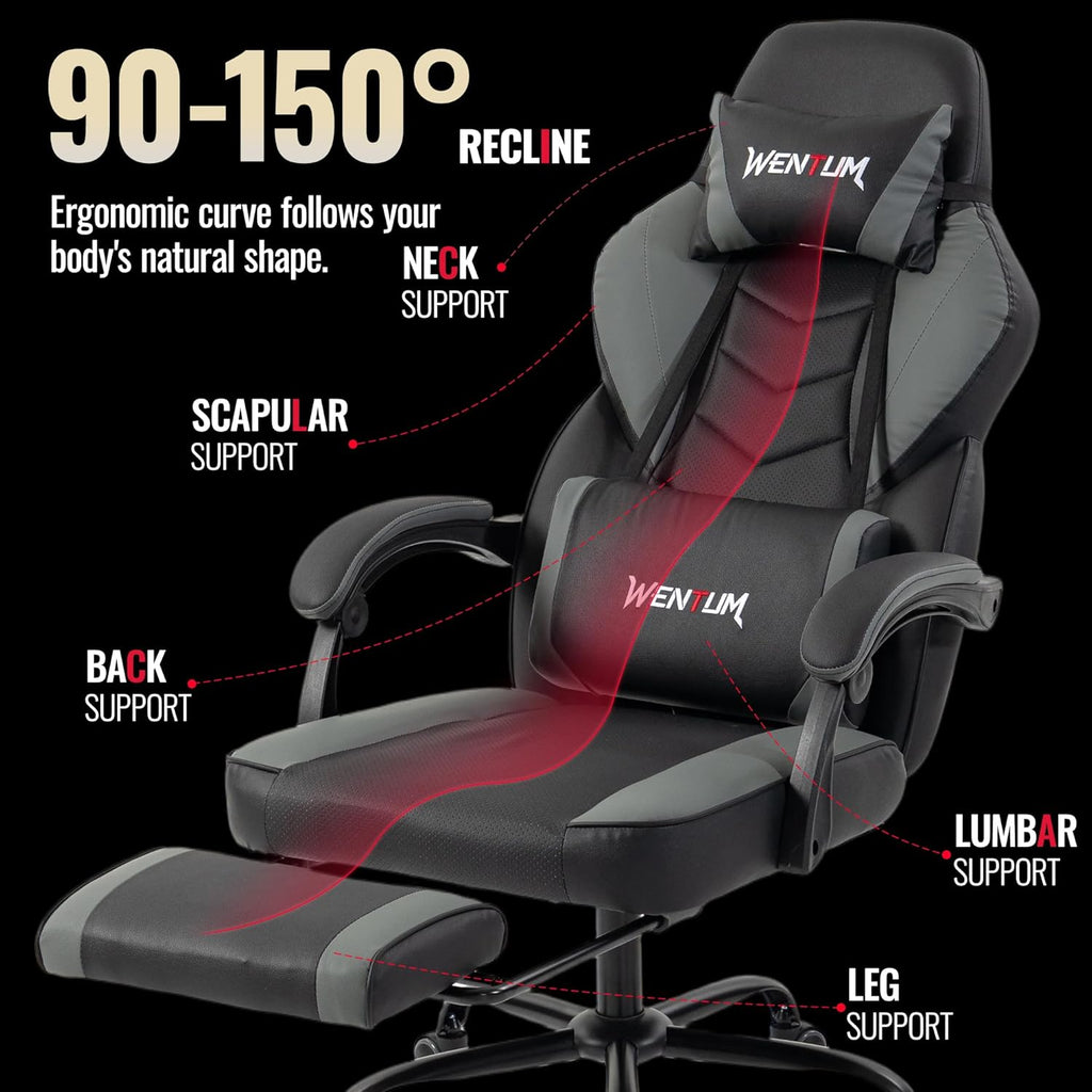 Big and Tall Gaming Chair 350lb, Ergonomic Computer Chair with 2-Point Lumbar Vibration Massage, Breathable PU Backrest, Footrest, Multiple Colors for Adults Kids Gaming Office（Grey）