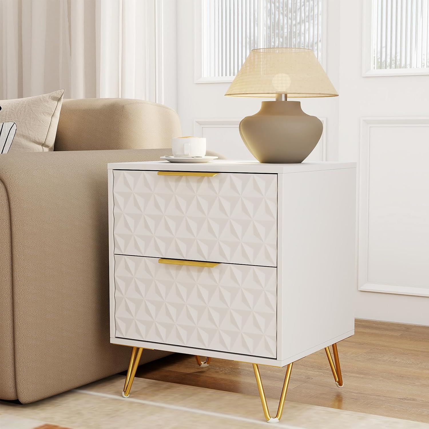 White and Gold Nightstand Set of 2,Modern Bedside Tables Set of 2 with 2 Drawer for Bedroom,End Side Table with Gold Legs for Living Room