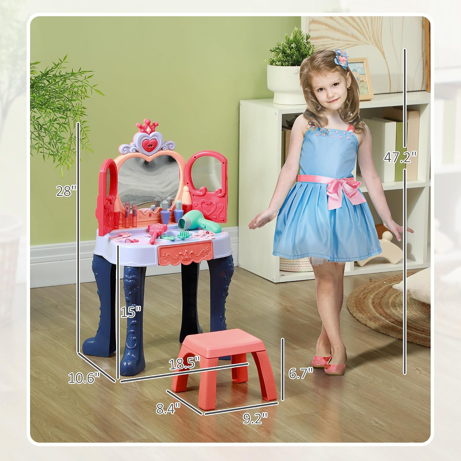 Vanity Set with Mirror and Stool, Toddler Makeup Table with Music, Light, Drawer, Hair Dryer, 20 Makeup Accessories, Girls Vanity for Ages 3 6, Multicolor
