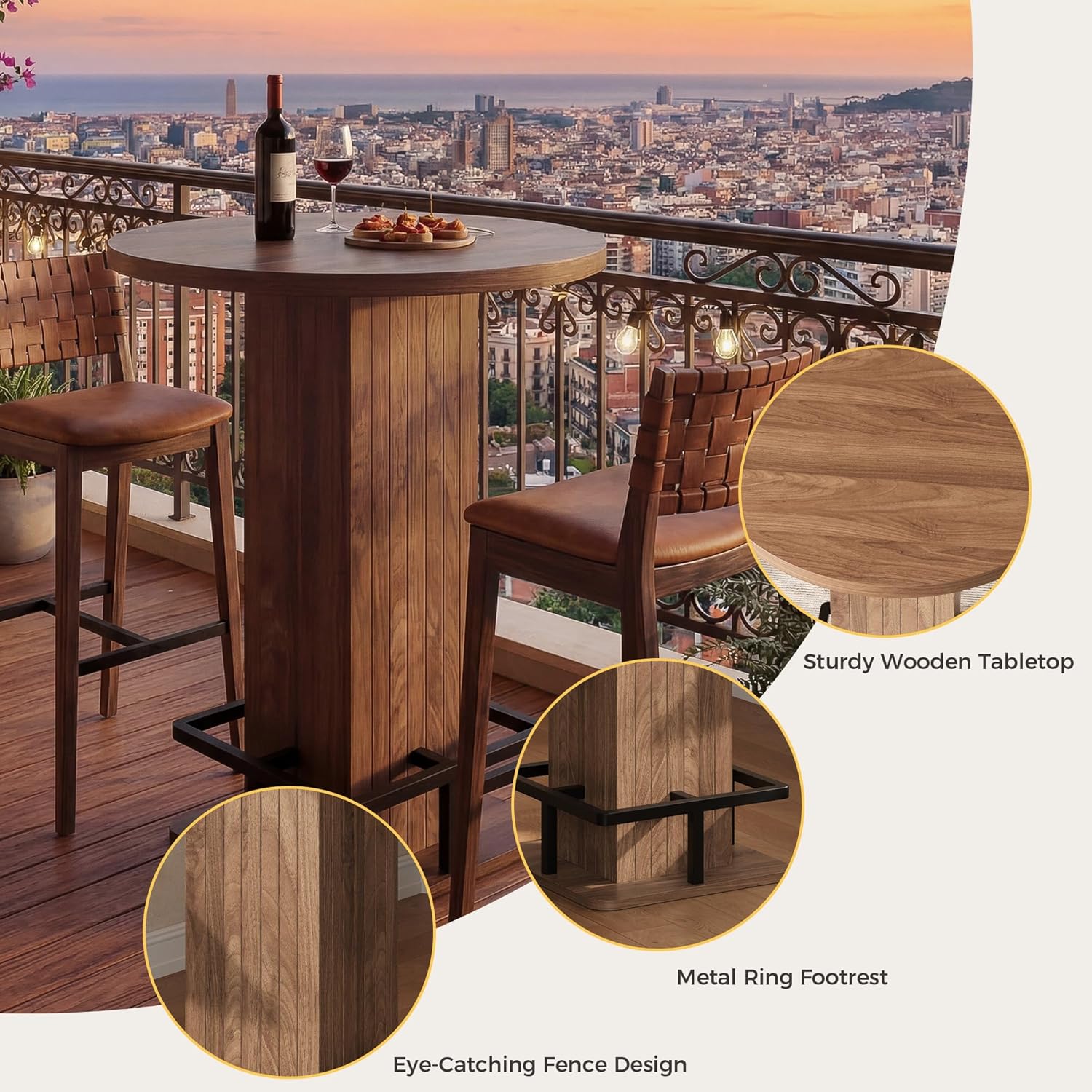 IRONCK Round Bar Table, 39.4" H Wood Bistro Pub Table with Metal Ring Footrest for Coffee Cocktail Dining Living Room, Bar Studio Apartment and Small Space, Brown(Only Table)