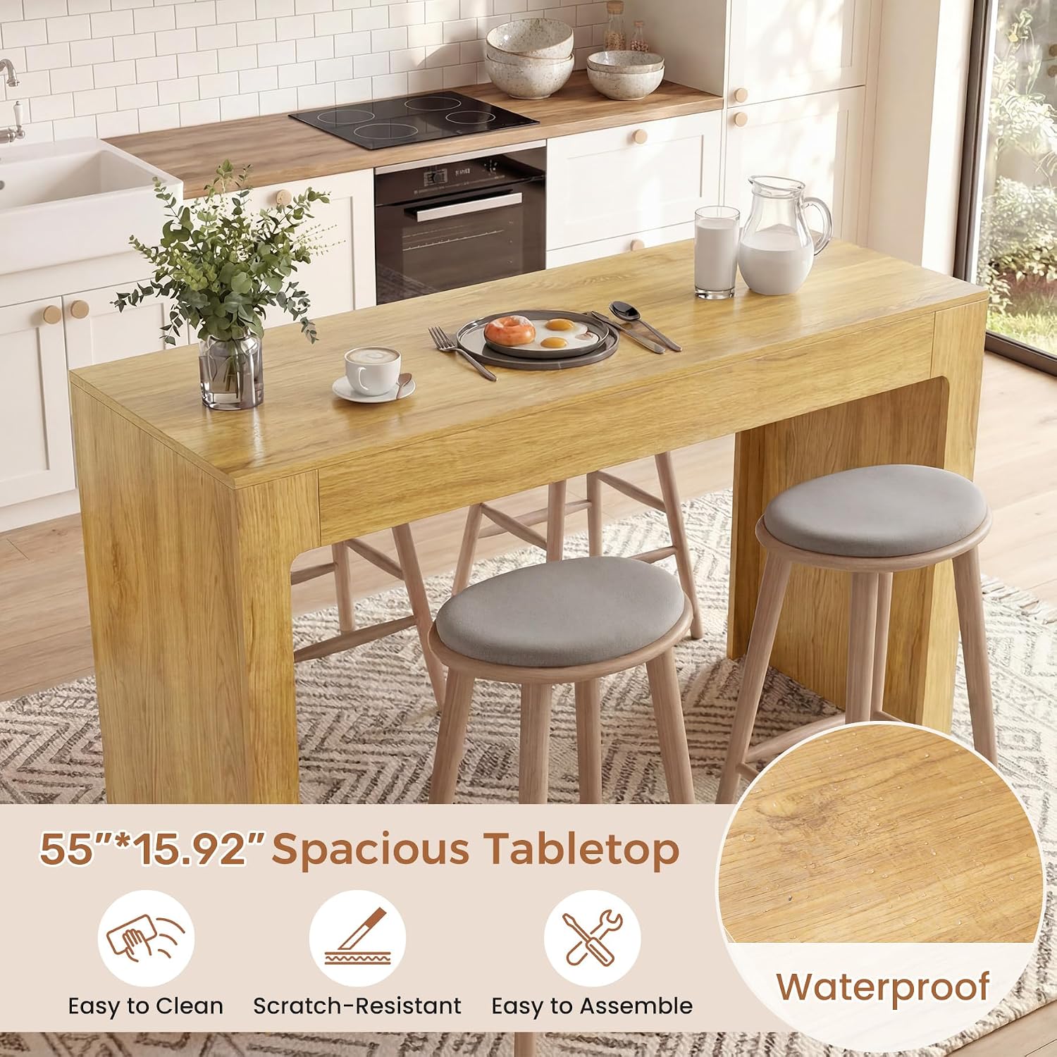Miereirl 55” Bar Table，Long Bar Table with Oak Finish Tabletop，Modern Counter Height Pub Table, Rectangular Home Dining Bar Unit for 4-6 People, Kitchen, Living Room, Bar, Golden Oak