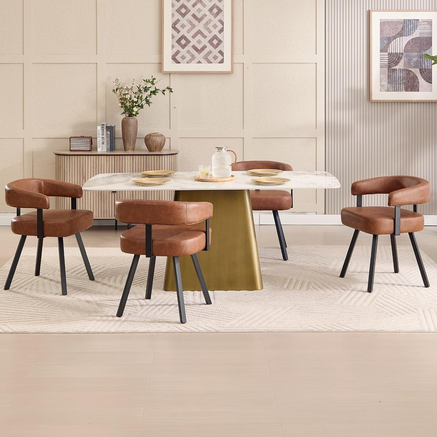LukeAlon PU Leather Dining Chairs Set of 2, Simple Upholstered Side Chair with Padded Open Barrel Back Modern Guest Chair Home Office Desk Chairs with Black Metal Legs for Kitchen Dining Room, Brown
