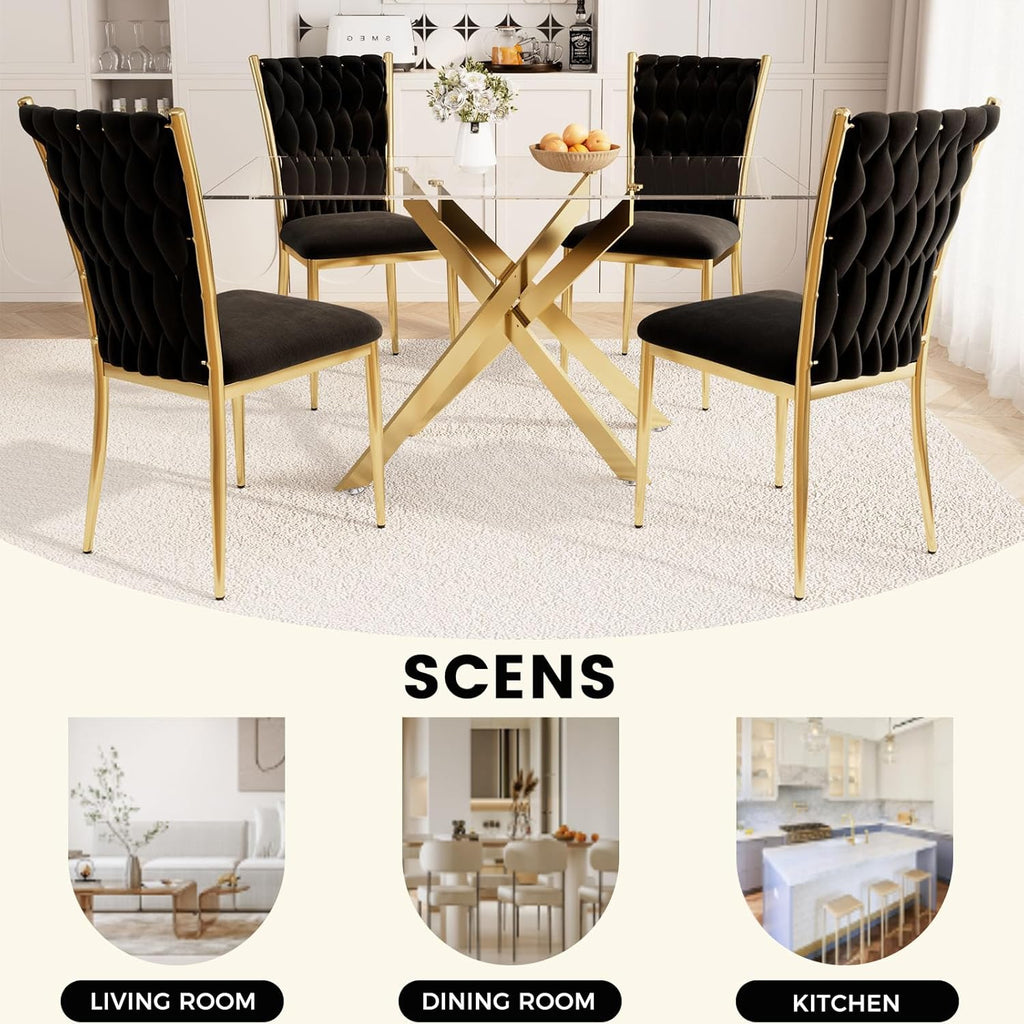 51'' Glass Dining Table Set for 4, Modern Rectangular Dining Room Table with Gold Metal Legs & 4 Upholstered Velvet Dining Chairs, Space-Saving Kitchen Table Set for Small Spaces, Apartment(Black)